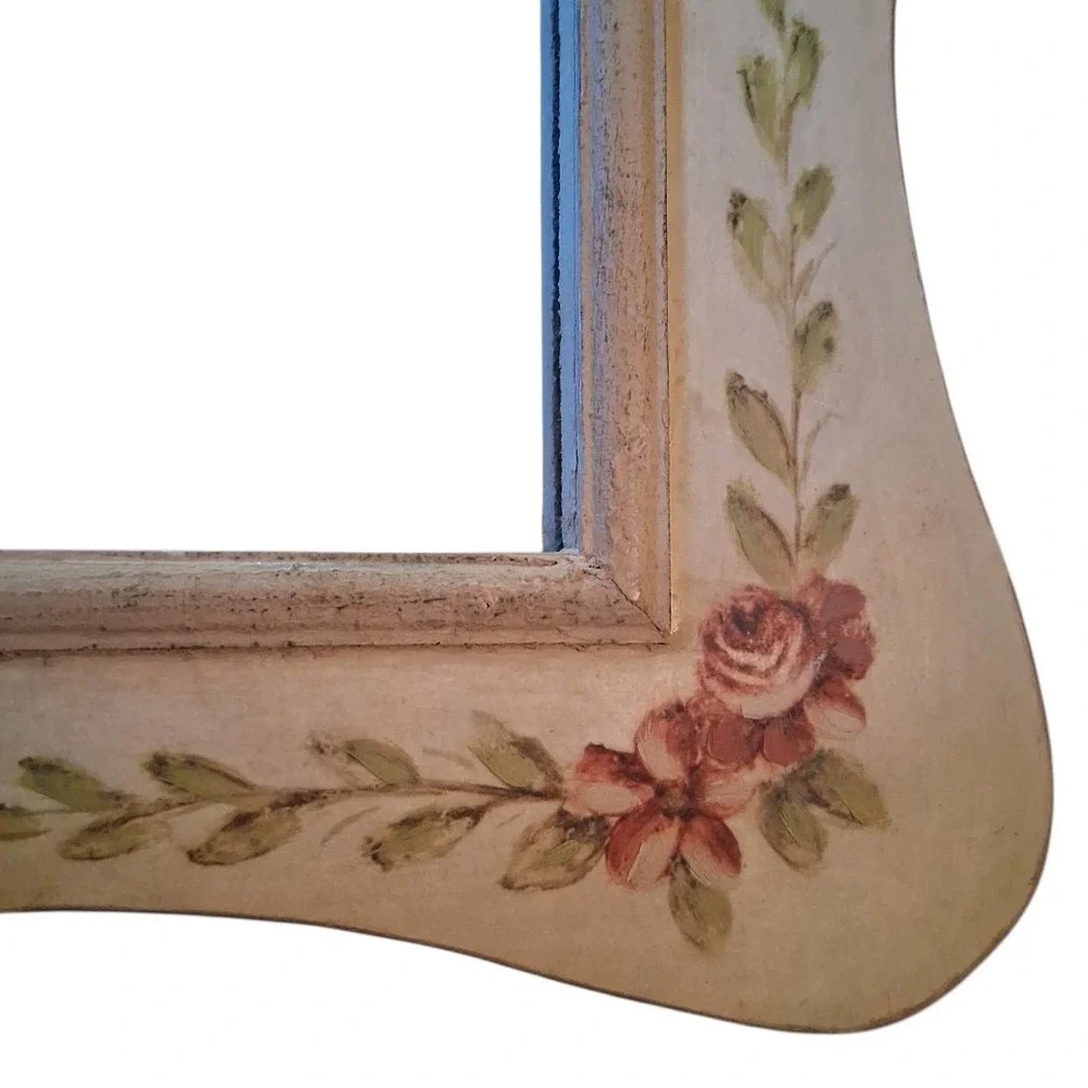 Cottage Core French Country Antiqued Green Pink Yellow Floral Wall Mirror 15.5